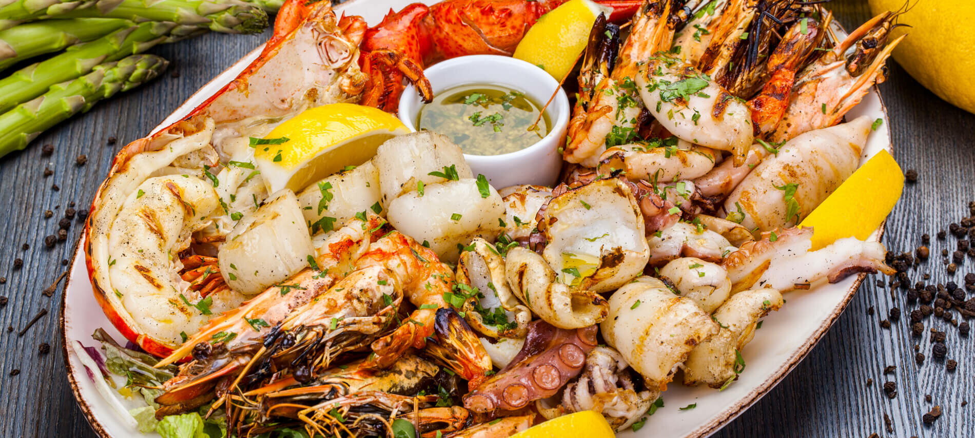 Platter of fish, shrimp and lobster
